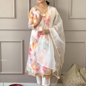 Women Off White Organza Printed Straight Kurti Set