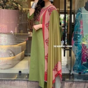 Women Rayon Green Suit Set With Floral Dupatta