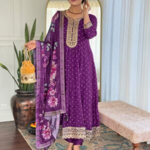 Women Rayon Printed Flared Purple Kurti Set