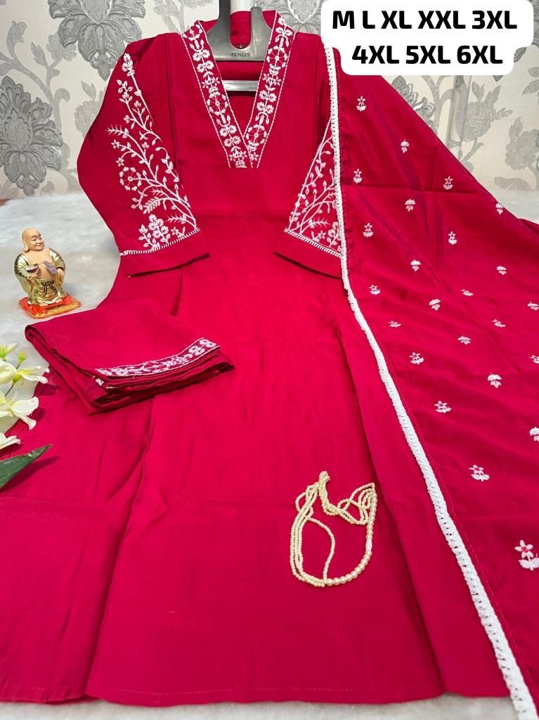 women red v neck hand work pur 1732281248 Women Red V Neck Hand Work Pure Muslin Kurtis Set