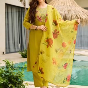 Women s Rayon Embroidered Straight Kurta with Pant And Dupatta Sets