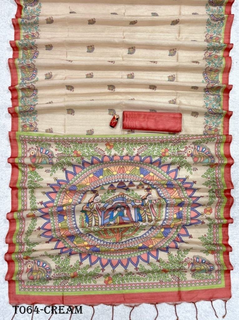 women soft tussar cream silk s 1718261788 Women Soft Tussar Coffee Silk Saree With Madhubani Prints