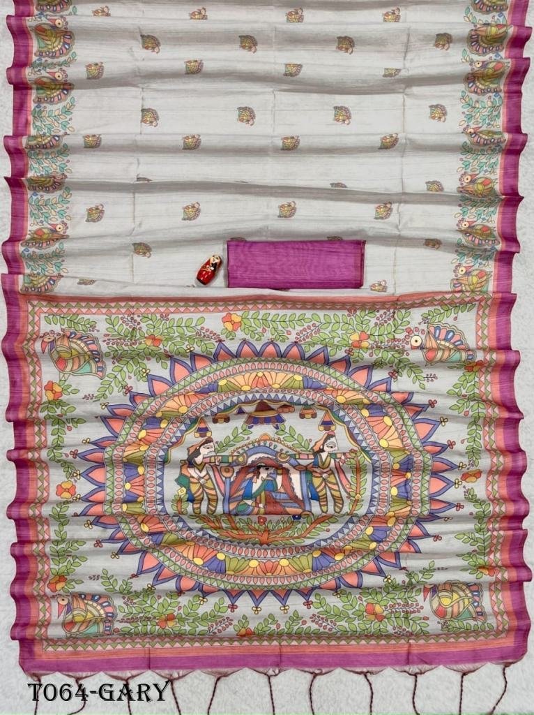 women soft tussar gary silk sa 1718261710 Women Soft Tussar Gary Silk Saree With Madhubani Prints