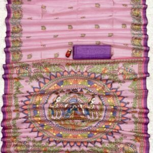 Women Soft Tussar Pink Silk Saree With Madhubani Prints