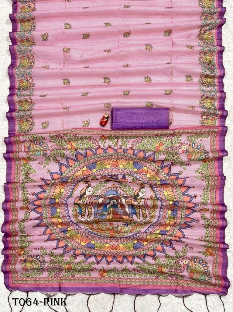 women soft tussar pink silk sa 1718261240 Women Soft Tussar Pink Silk Saree With Madhubani Prints