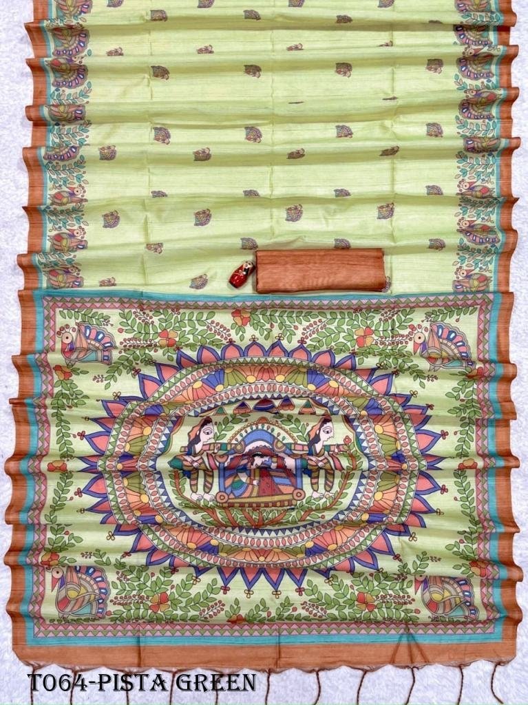 women soft tussar pista green 1718261550 Tussar Pista Green Silk Saree With Madhubani Prints