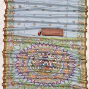 Women Soft Tussar Sky Blue Silk Saree With Madhubani Prints