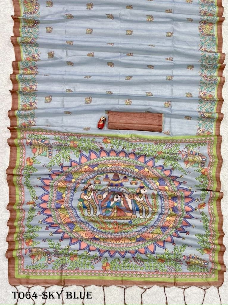 women soft tussar sky blue sil 1718262382 Women Soft Tussar Sky Blue Silk Saree With Madhubani Prints