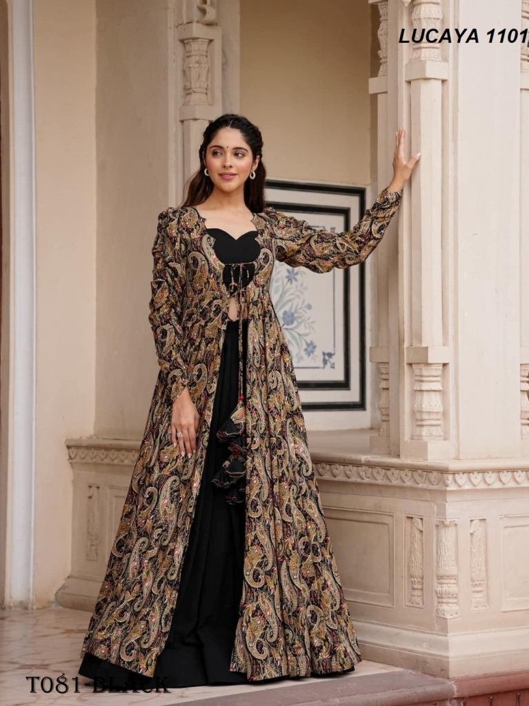 women wear rayon with black ge 1718613977 Rayon Black Georgette 3 Piece Indo Western Suit