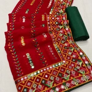 Women Wear Red Designer Georgette Saree With Blouse