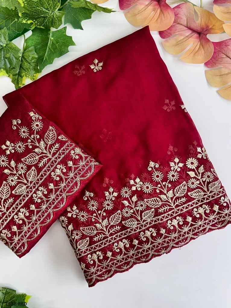women wear red organza silk sa 1724134235 Women Wear Red Organza Silk Saree With Golden Jari Work