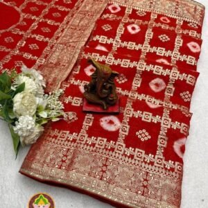 Women Wear Red Viscose Dola Silk Sibory Print Saree