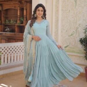 Women Wear Sky Blue Georgette Gown With Dupatta
