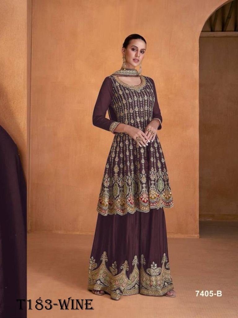 women wear wine georgatte shar 1720268052 Women Wear Brown Georgatte Sharara Suit