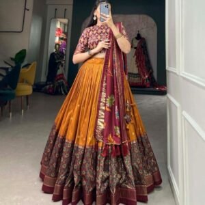 Womens Mustard Tussar Silk With Foil Work Lehenga Choli