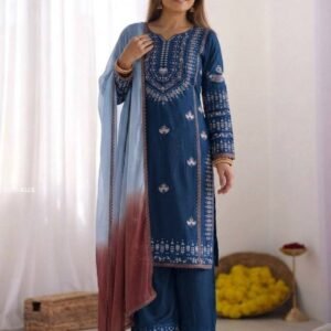 Womens Rayon Cotton Embroidered Kurti Palazzo Set with Dupatta