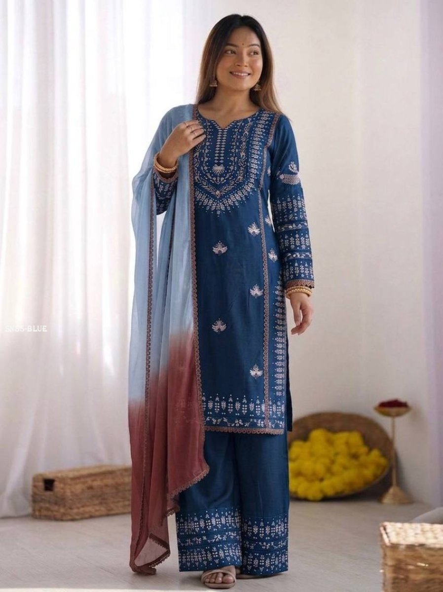 womens rayon cotton embroidere 1776942686 Womens Rayon Cotton Embroidered Kurti Palazzo Set with Dupatta