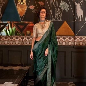 Womens Wear Dark Green Pure Viscose Hand loom Weaving Saree