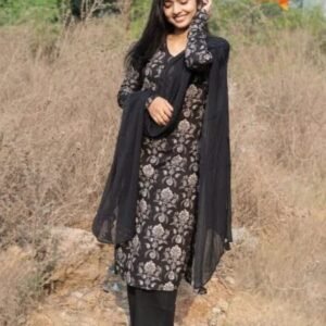 Womens Wear Black Pure Muslin Kurti Pant set with Dupatta