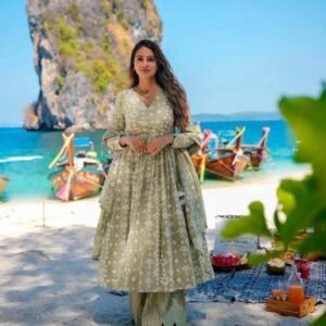 Womens Wear Sea Green Pure Muslin With Kurti Pant Dupatta Set