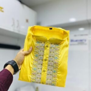 Yellow Aabhushan Silk Men Kurta With Payjama
