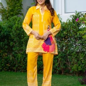 Yellow Abstract Printed Muslin Silk Coord