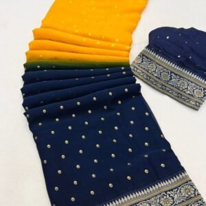Yellow and Blue Color Heavy Georgette Saree With foil print