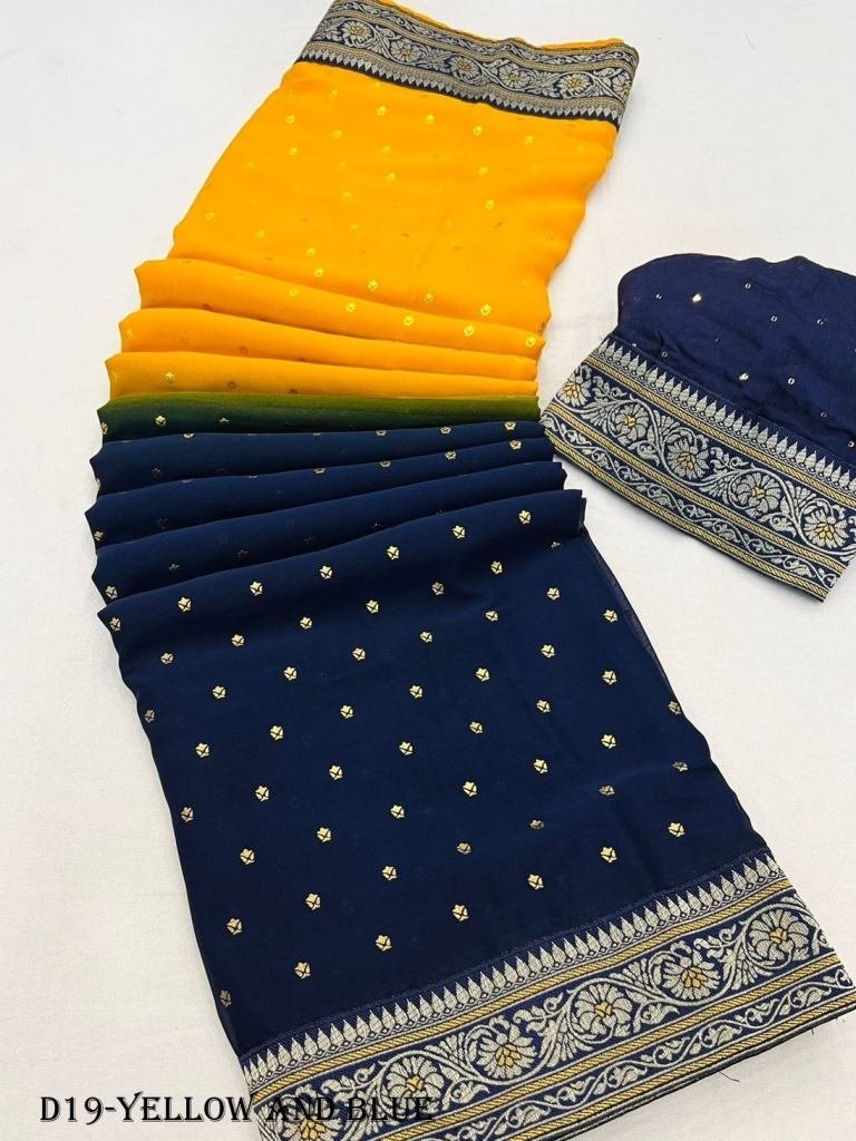 yellow and blue color heavy ge 1717828385 Yellow and Blue Color Heavy Georgette Saree With foil print