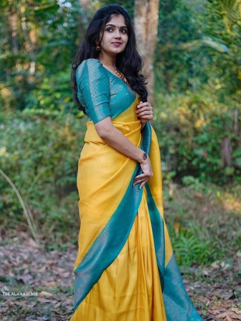 yellow and firozi colour combi 1712397160 Yellow and Firozi Colour Combination Pure Soft Semi Silk Saree With Attractive Unstitched Blouse Piece