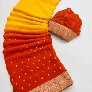 Yellow and Red Color Heavy Georgette Saree With foil print
