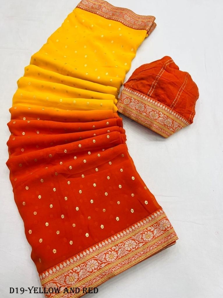 yellow and red color heavy geo 1717827999 Yellow and Red Color Heavy Georgette Saree With foil print