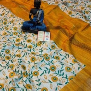Yellow And White Screen Printed Original Tussar Ghicha Silk Saree
