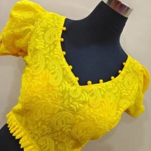 Yellow Chikankari Hakoba Pompom With Interlock Blouse