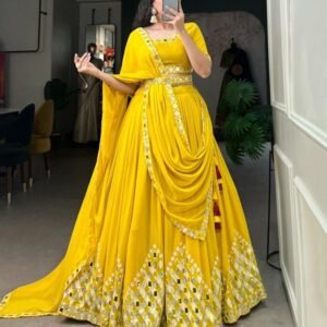 Yellow Classic Party Wear Georgette Lehenga Choli With Mirror Work Belt