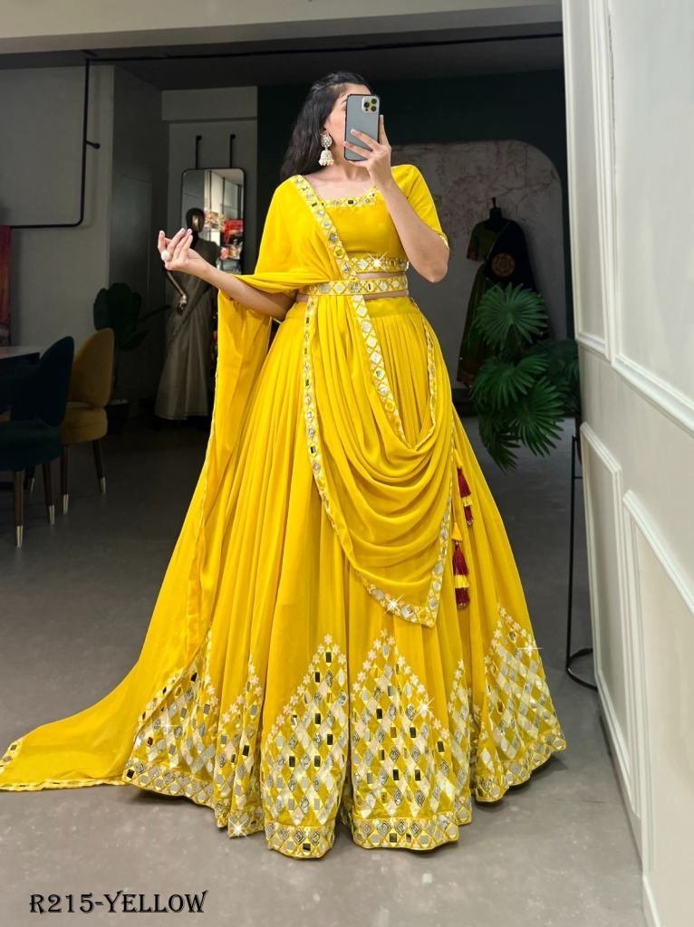yellow classic party wear geor 1722864048 Yellow Classic Party Wear Georgette Lehenga Choli With Mirror Work Belt
