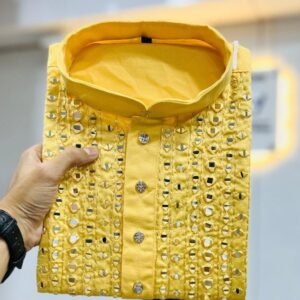 Yellow Color Classic real mirror work mens kurta by fab funda