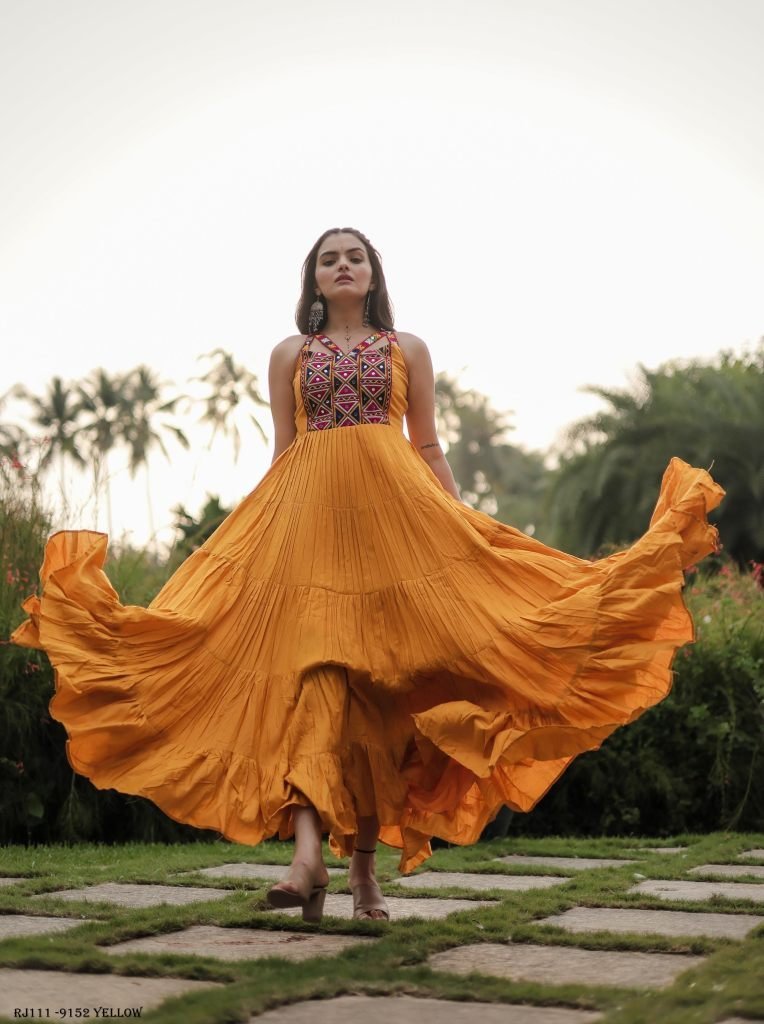 yellow color navratri gown in 1723292514 Yellow Color Navratri Gown in Rayon With Gamthi Work and 12 Meter Big Flair