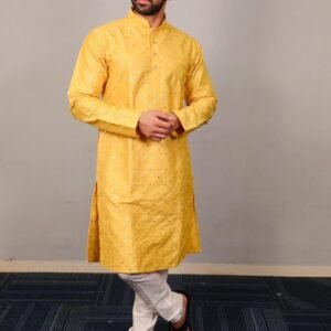 Yellow Cotton Golden Mirror Kurta And Pyjama