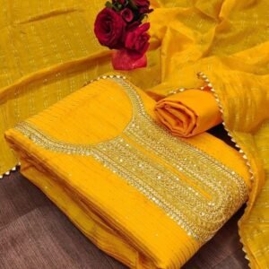 Yellow Designer Chanderi Unstitched Suits With Crosset Work