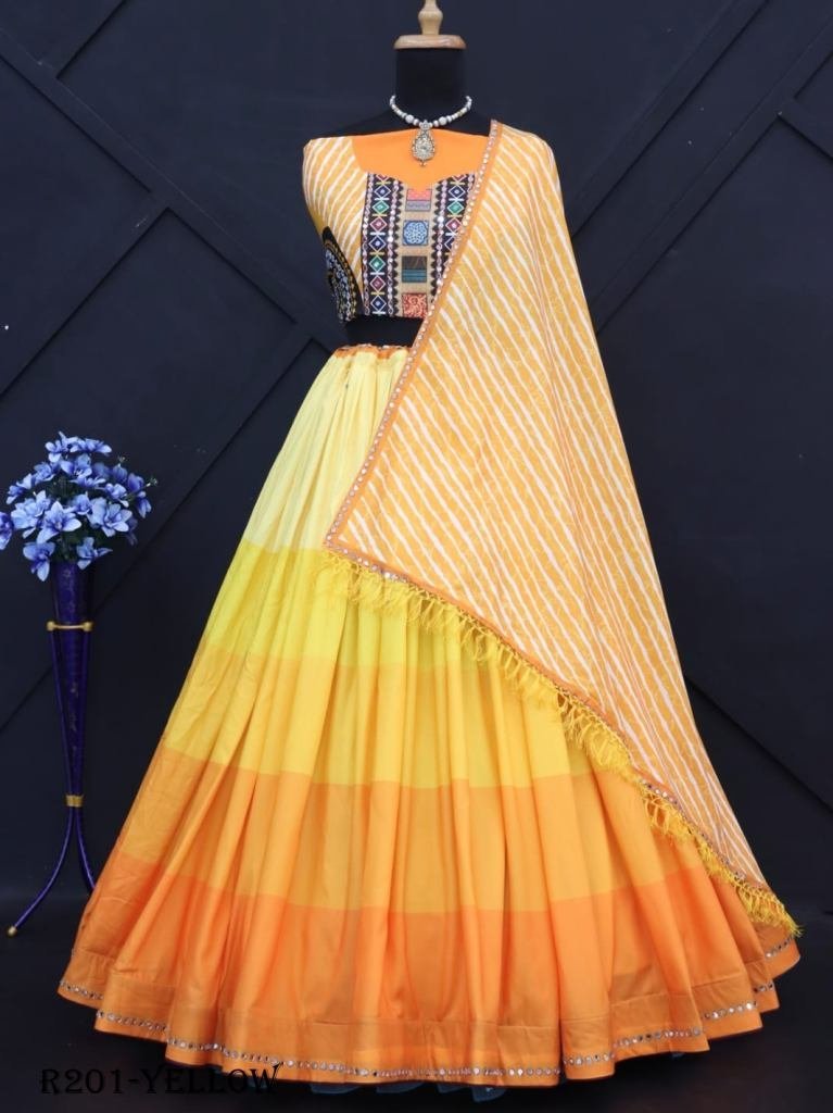 yellow digital printed muslin 1722250683 Yellow Digital Printed Muslin Cotton Lehenga Choli With Real Mirror Work