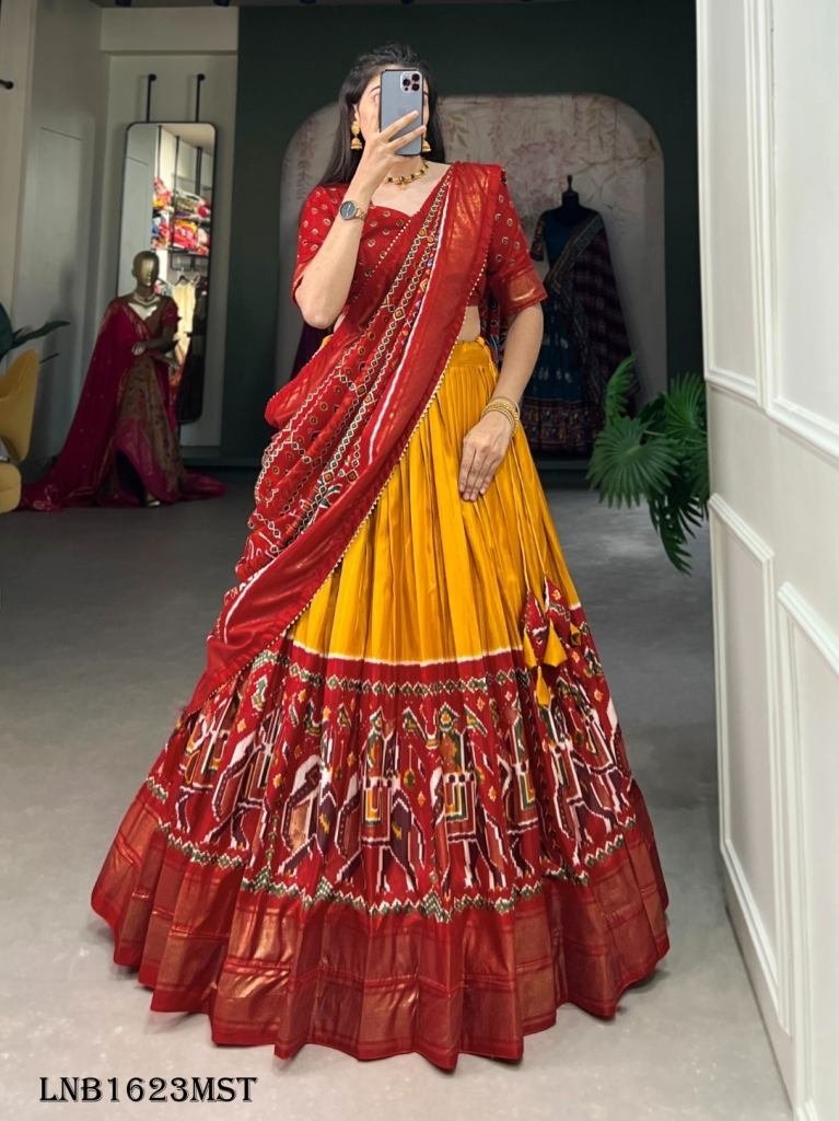 yellow elegant dola silk patol 1717567522 Yellow Elegant Dola Silk Patola Lehenga Choli by fab funda