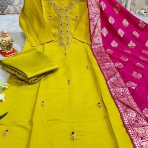 Yellow Exclusive Pure Handwork Muslin Silk Kurtis Set
