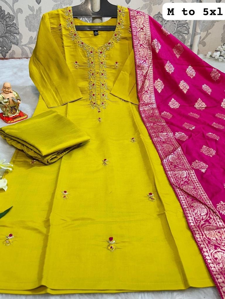 yellow exclusive pure handwork 1729071995 Yellow Exclusive Pure Handwork Muslin Silk Kurtis Set