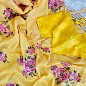 Yellow Fancy Handwork Soft Dhahi Silk Organza Saree With Readymade Blouse