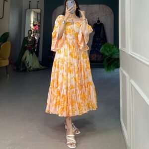 Yellow Fancy Sleeve Floral Printed Georgette Western Frock