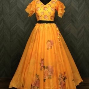 Yellow Flower Digital Printed Soft Organza Lehenga