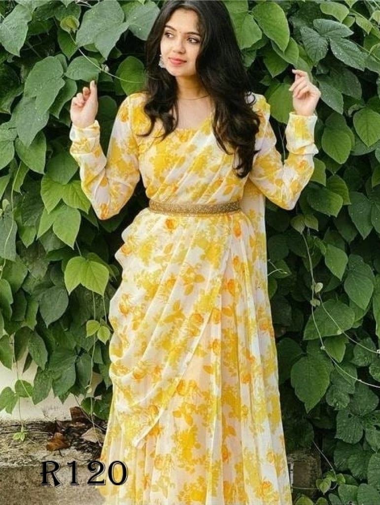 yellow flower printed georgett 1720442579 Yellow Flower Printed Georgette Maxi Dress With Dupatta