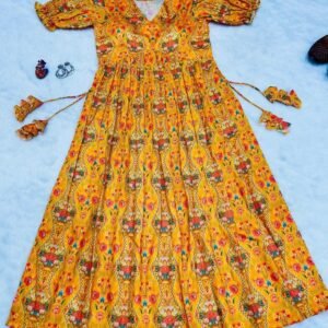 Yellow Flower Printed Soft Muslin V Neck Western Kurti With Puff Sleeve