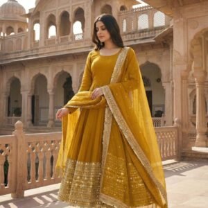 Yellow Fully Stitched Roman Silk Anarkali Gown