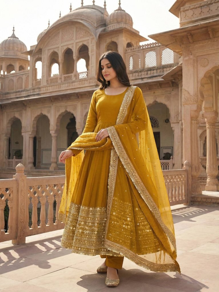 yellow fully stitched roman si 1767333084 Yellow Fully Stitched Roman Silk Anarkali Gown
